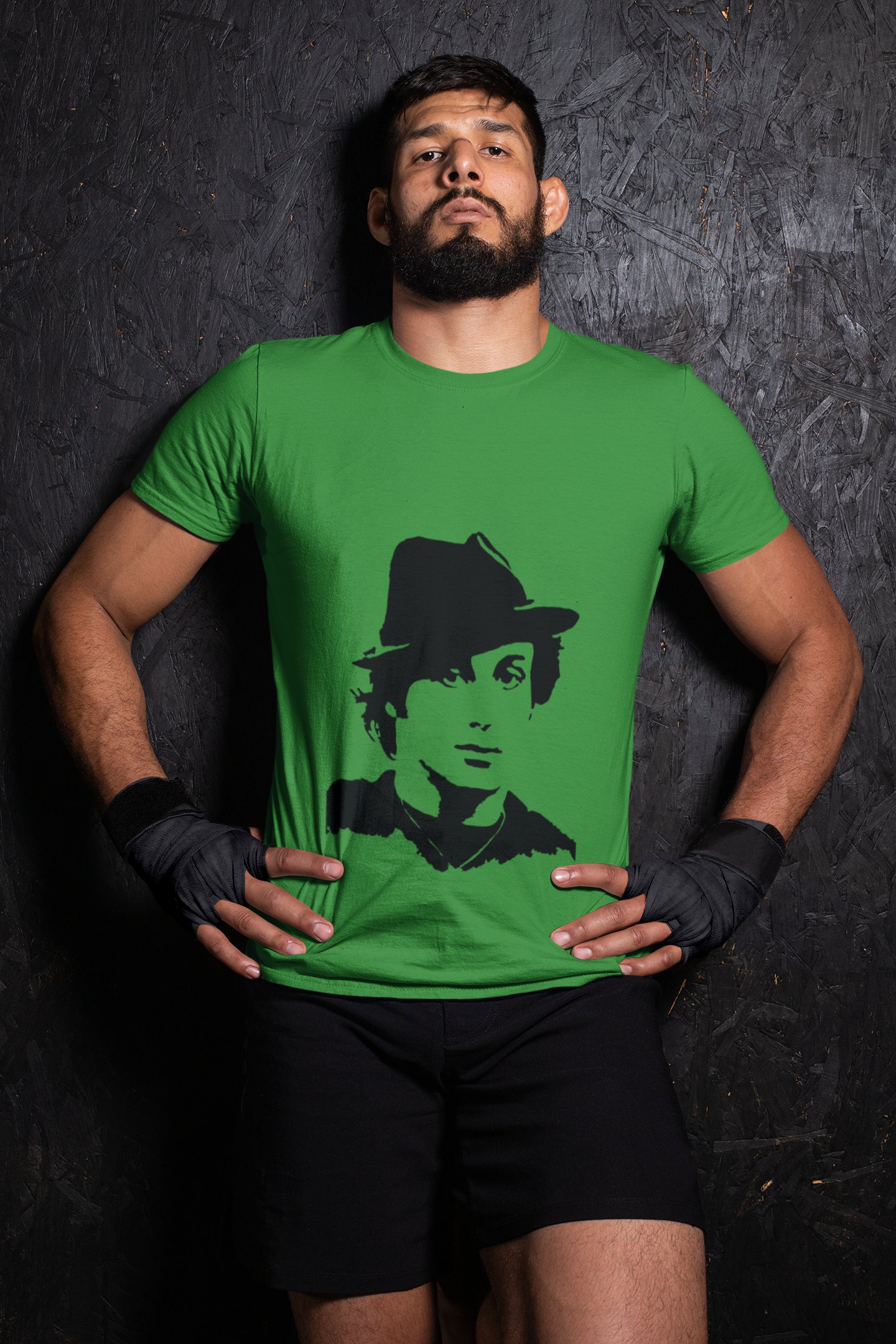 Rocky Fedora Cross Portrait boxing t-shirt in forest green, wrestler shot