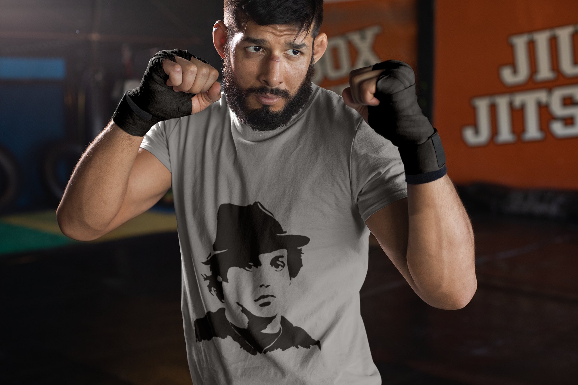 Rocky Fedora Cross Portrait boxing t-shirt in grey, sparring shot