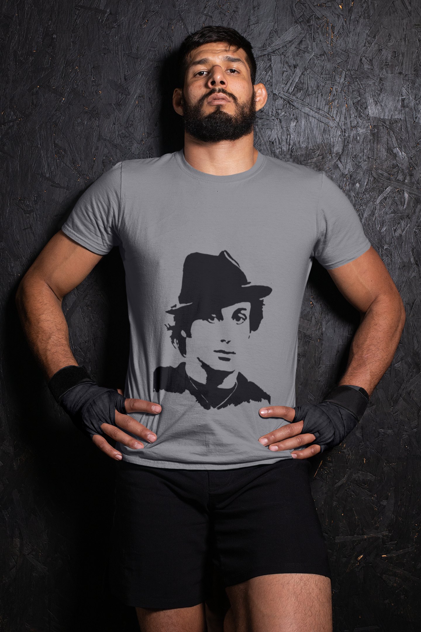 Rocky Fedora Cross Portrait boxing t-shirt in grey, wrestler shot
