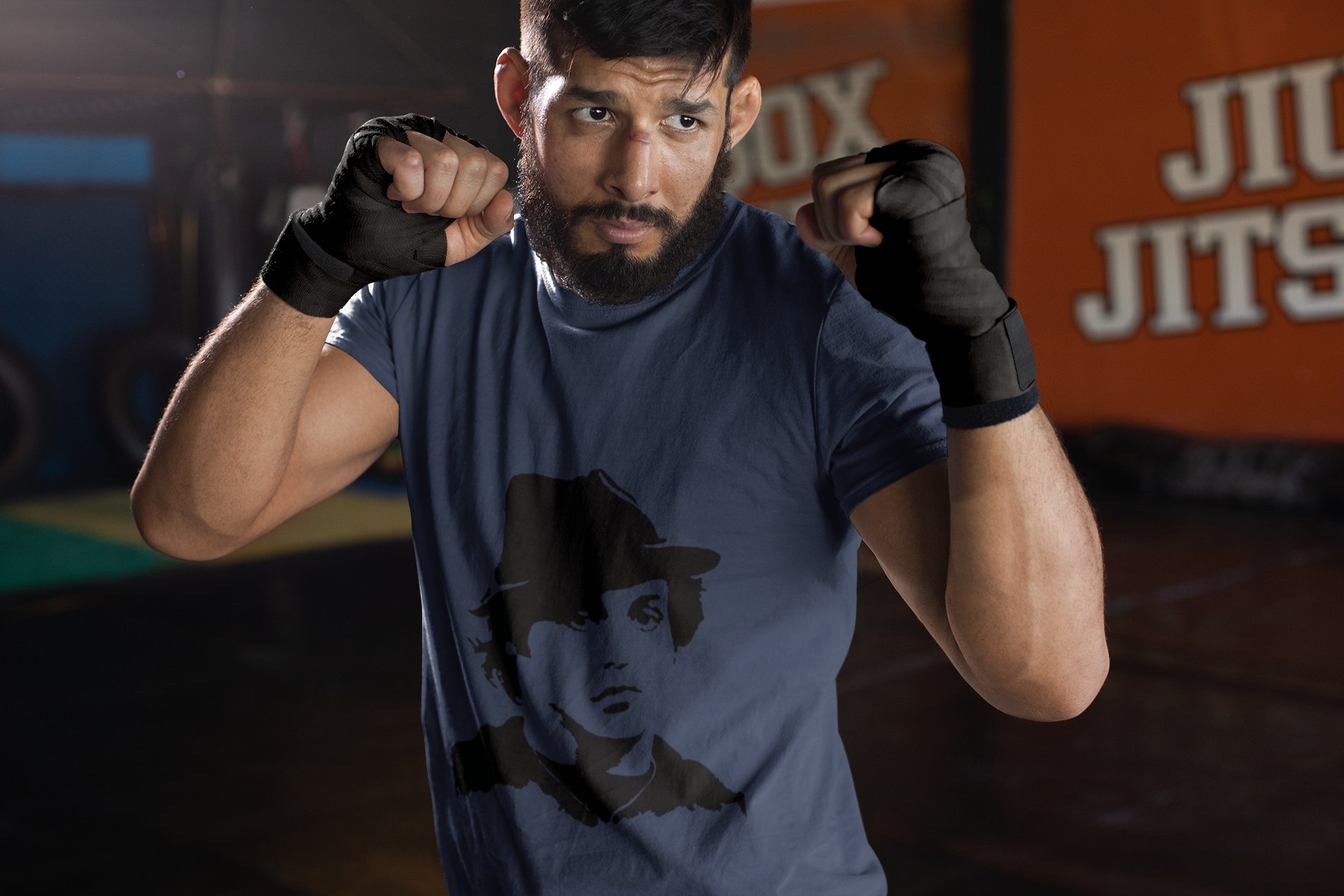 Rocky Fedora Cross Portrait boxing t-shirt in navy, sparring shot
