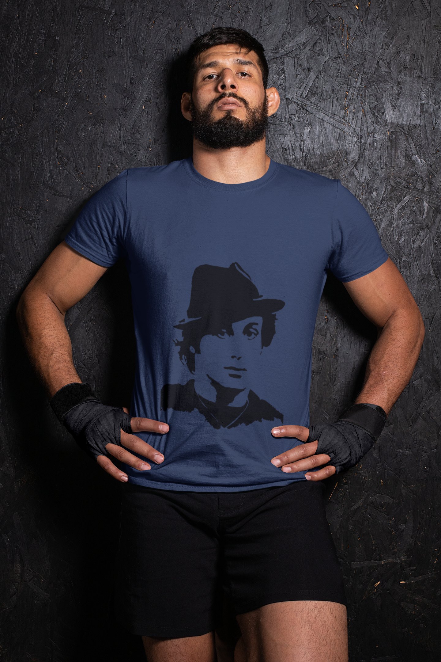 Rocky Fedora Cross Portrait boxing t-shirt in navy, wrestler shot
