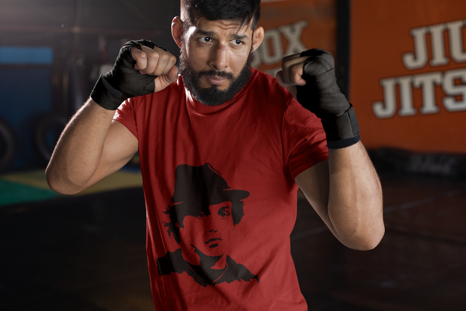 Rocky Fedora Cross Portrait boxing t-shirt in red, sparring shot