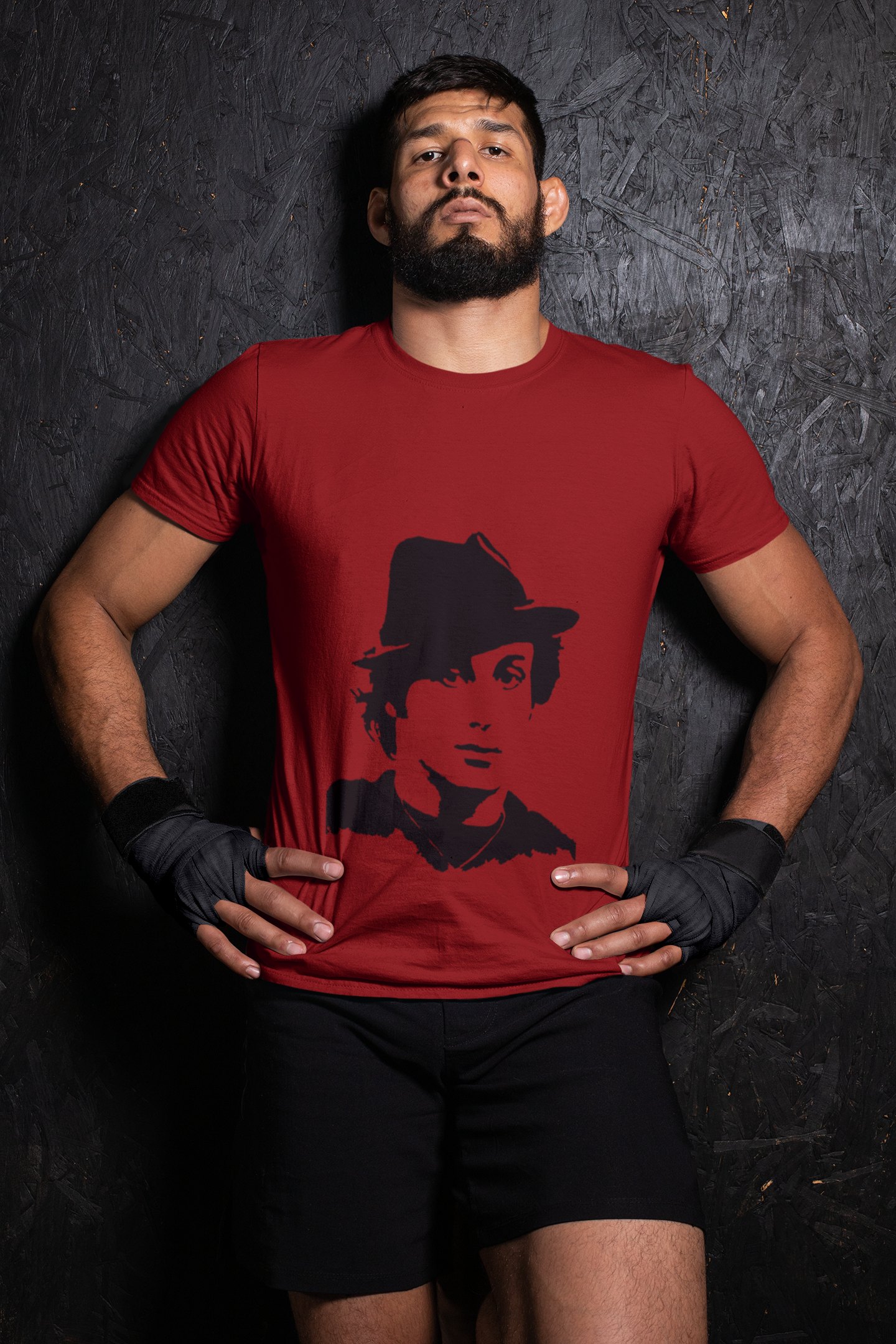 Rocky Fedora Cross Portrait boxing t-shirt in red, wrestler shot