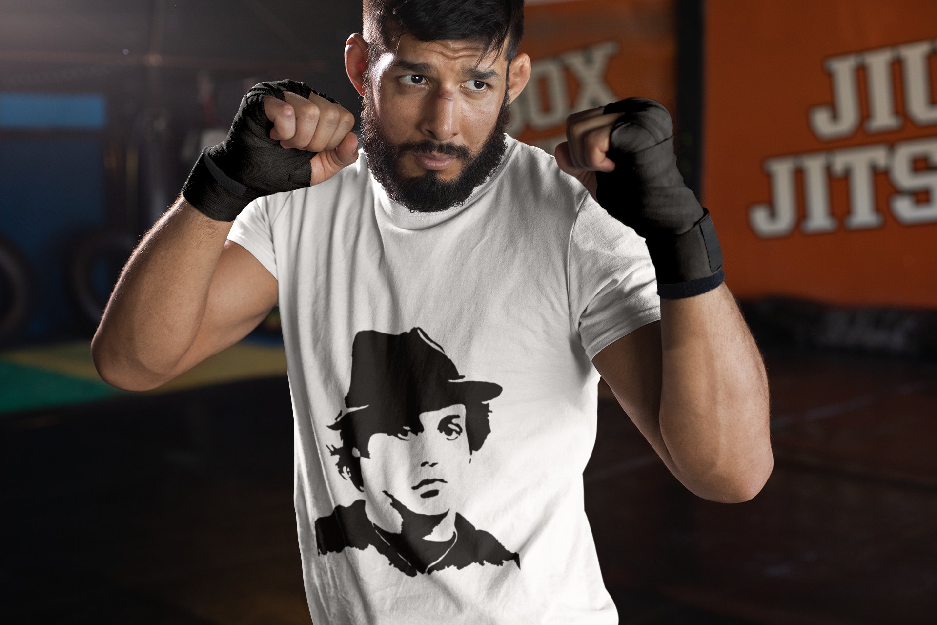 Rocky Fedora Cross Portrait boxing t-shirt in white, sparring shot
