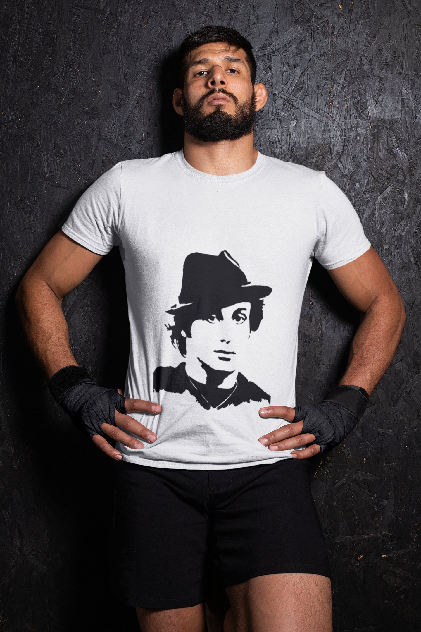 Rocky Fedora Cross Portrait boxing t-shirt in white, wrestler shot