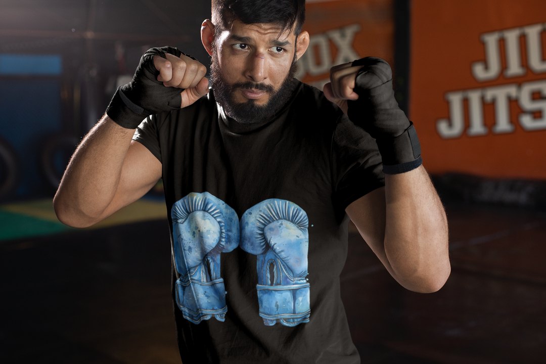 Blue Boxing Gloves Hanging Laced T-Shirt – Black Sparring