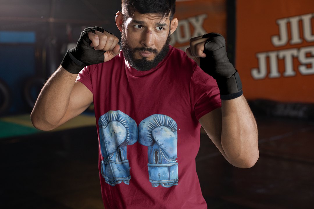 Blue Boxing Gloves Hanging Laced T-Shirt – Burgundy Sparring