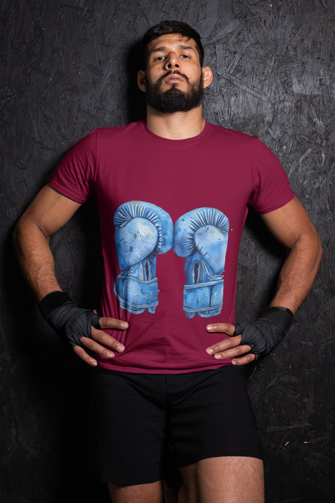 Blue Boxing Gloves Hanging Laced T-Shirt – Burgundy Wrestler