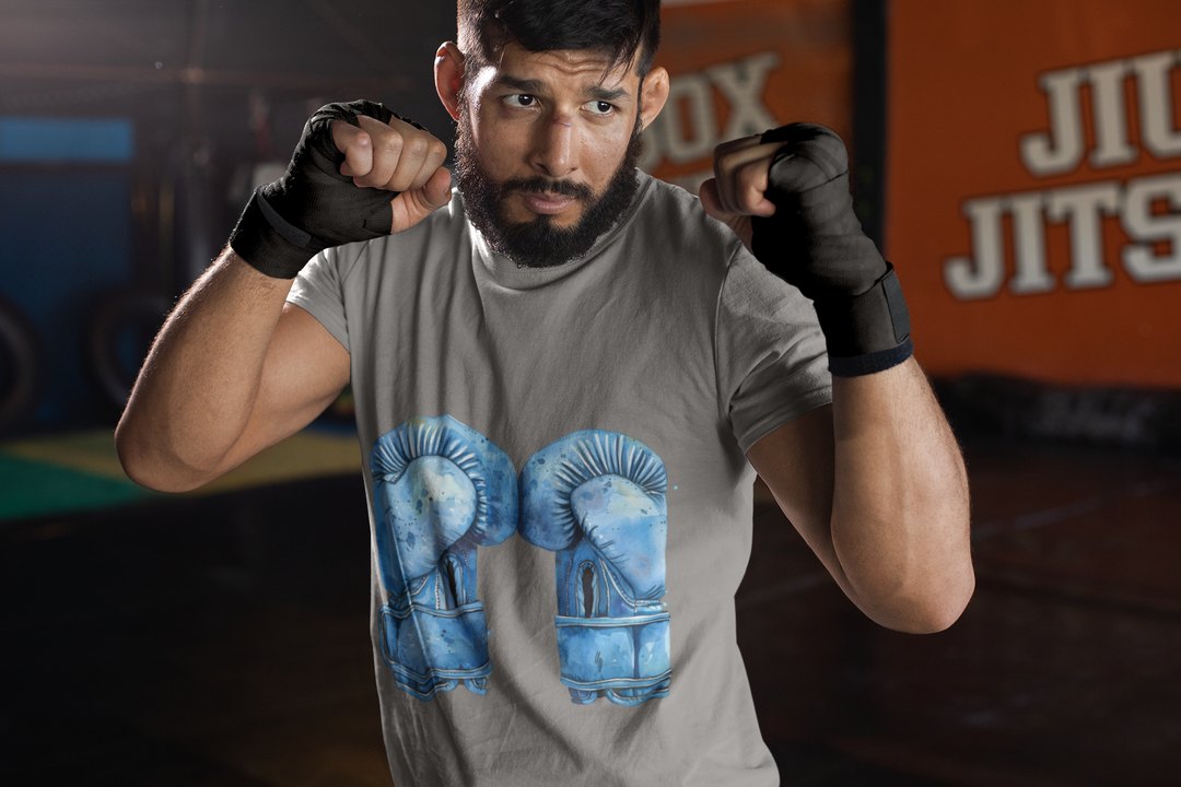 Blue Boxing Gloves Hanging Laced T-Shirt – Grey Sparring