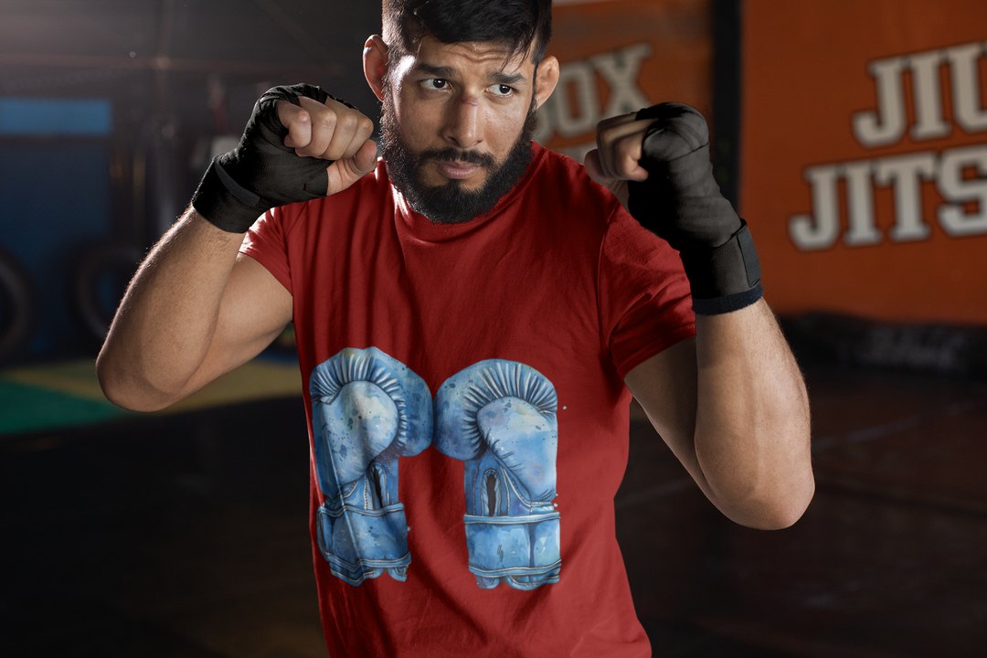 Blue Boxing Gloves Hanging Laced T-Shirt – Red Sparring