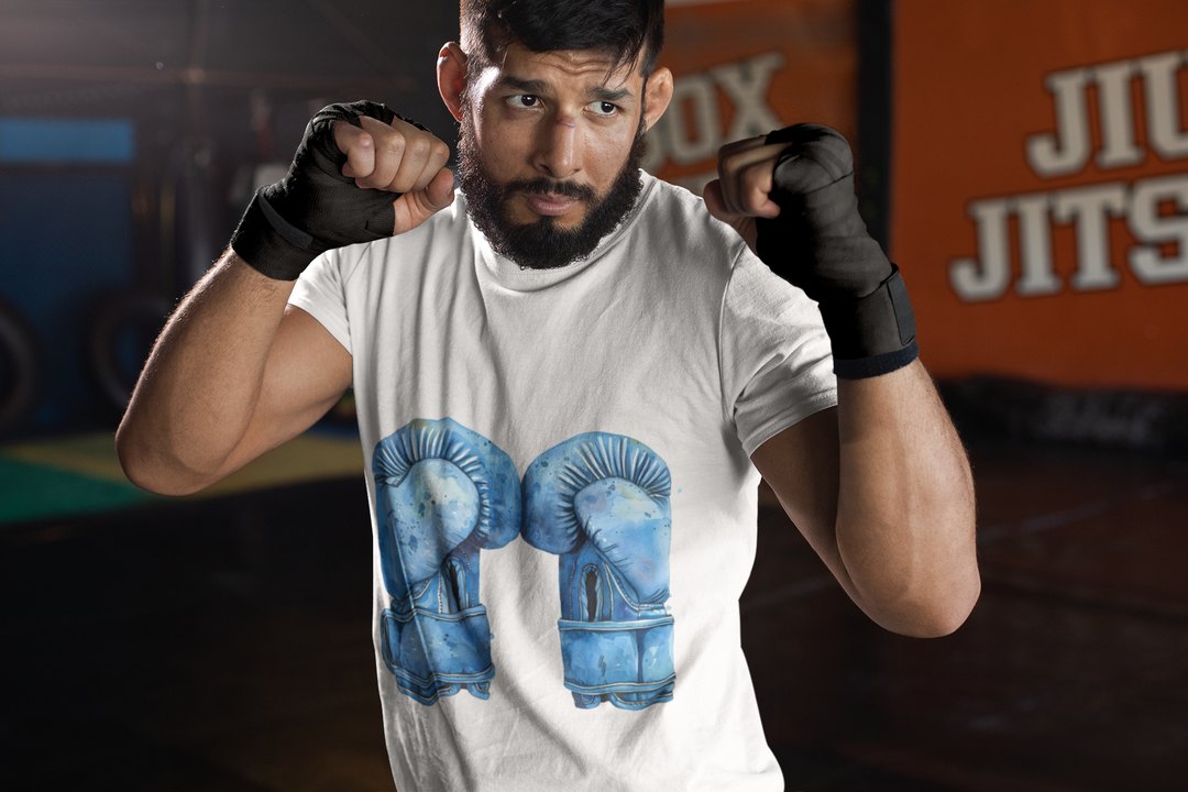 Blue Boxing Gloves Hanging Laced T-Shirt – White Sparring