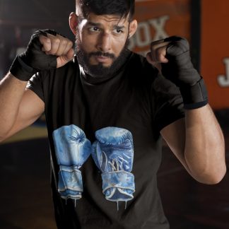 Blue Boxing Gloves Crossed X boxing t-shirt in black, sparring shot