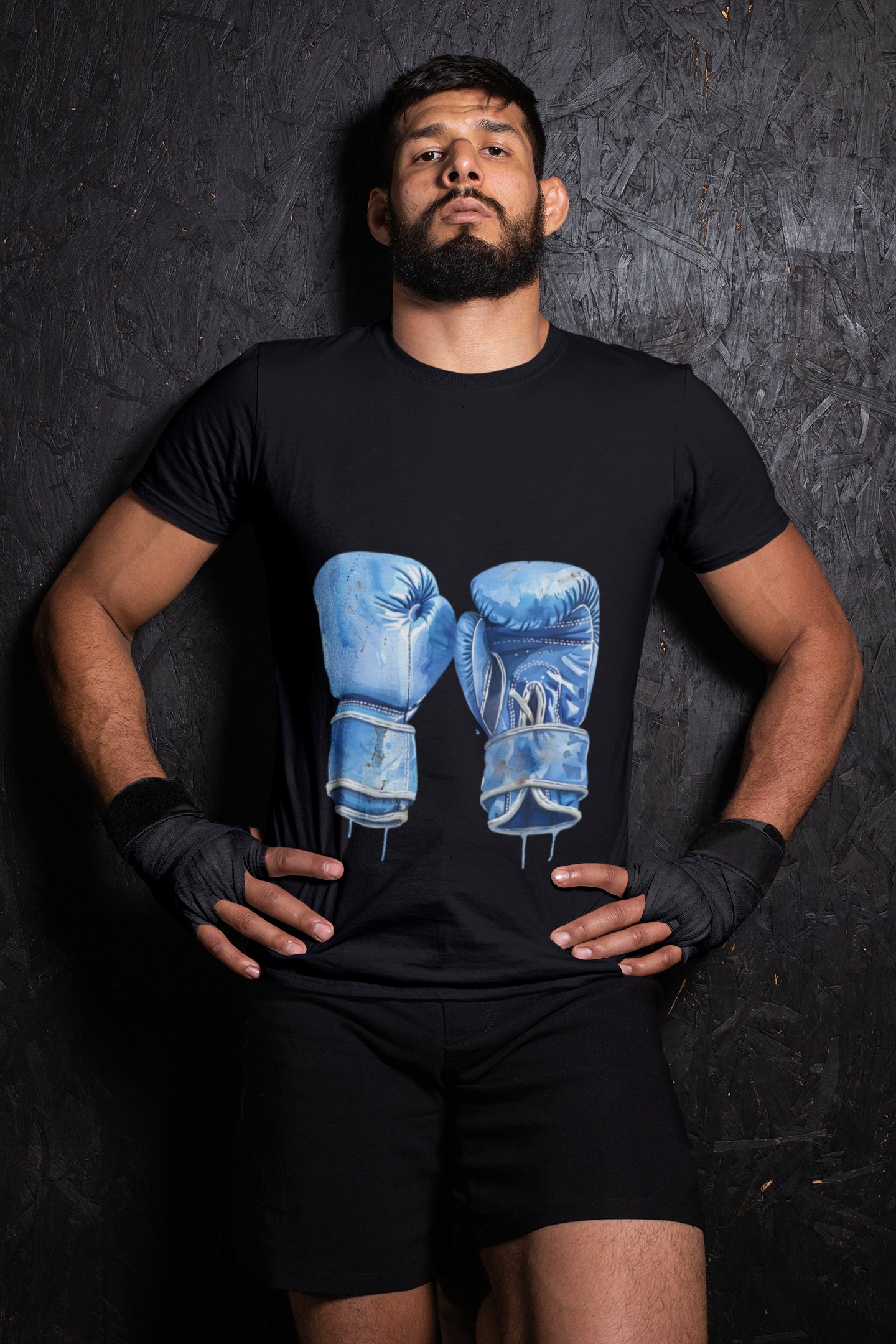 Blue Boxing Gloves Crossed X boxing t-shirt in black, wrestler shot
