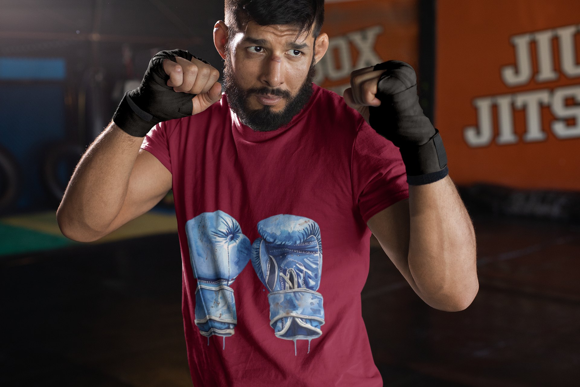 Blue Boxing Gloves Crossed X boxing t-shirt in burgundy, sparring shot