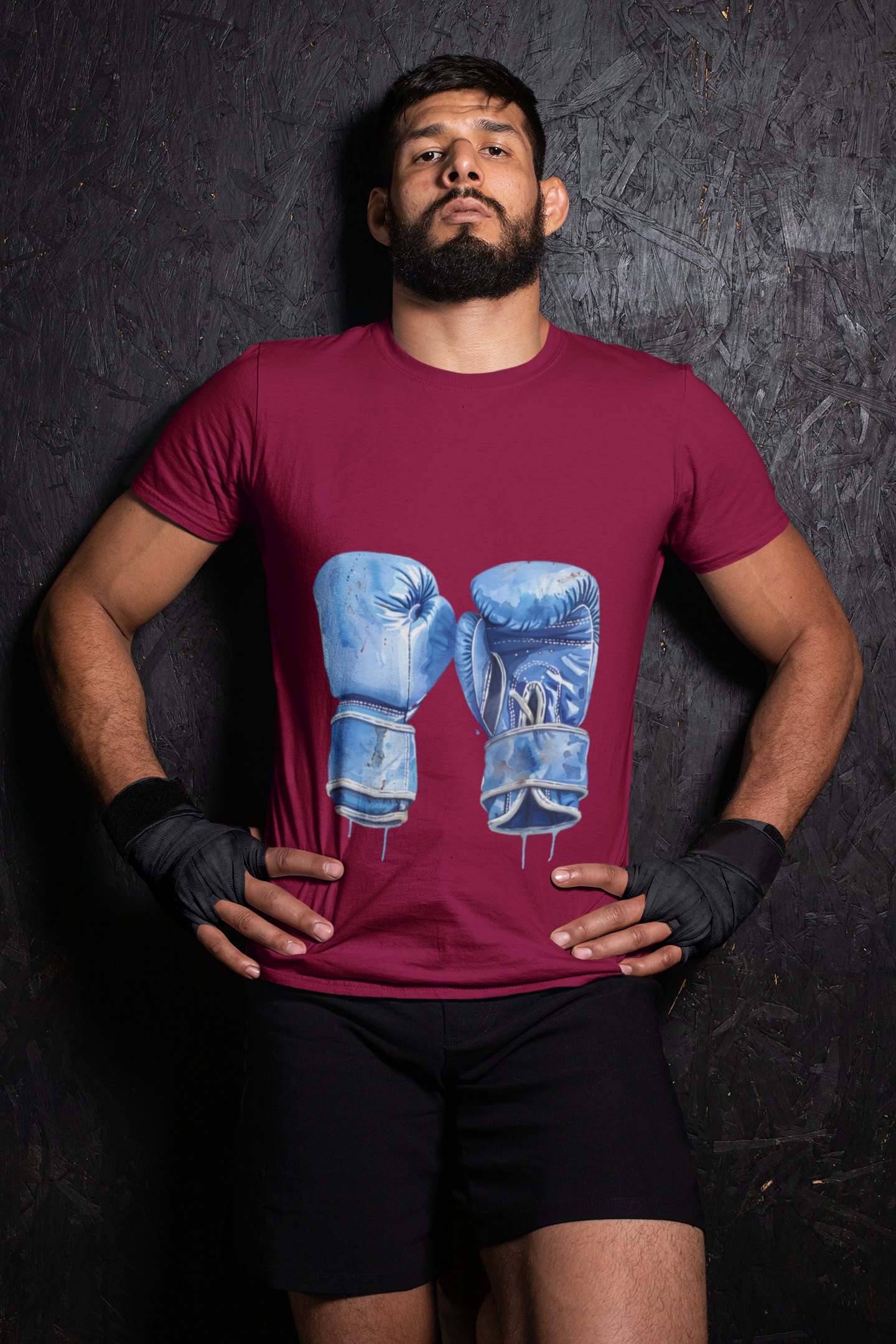 Blue Boxing Gloves Crossed X boxing t-shirt in burgundy, wrestler shot