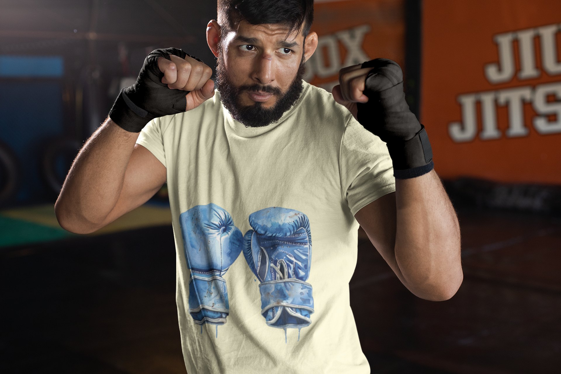 Blue Boxing Gloves Crossed X boxing t-shirt in cream, sparring shot