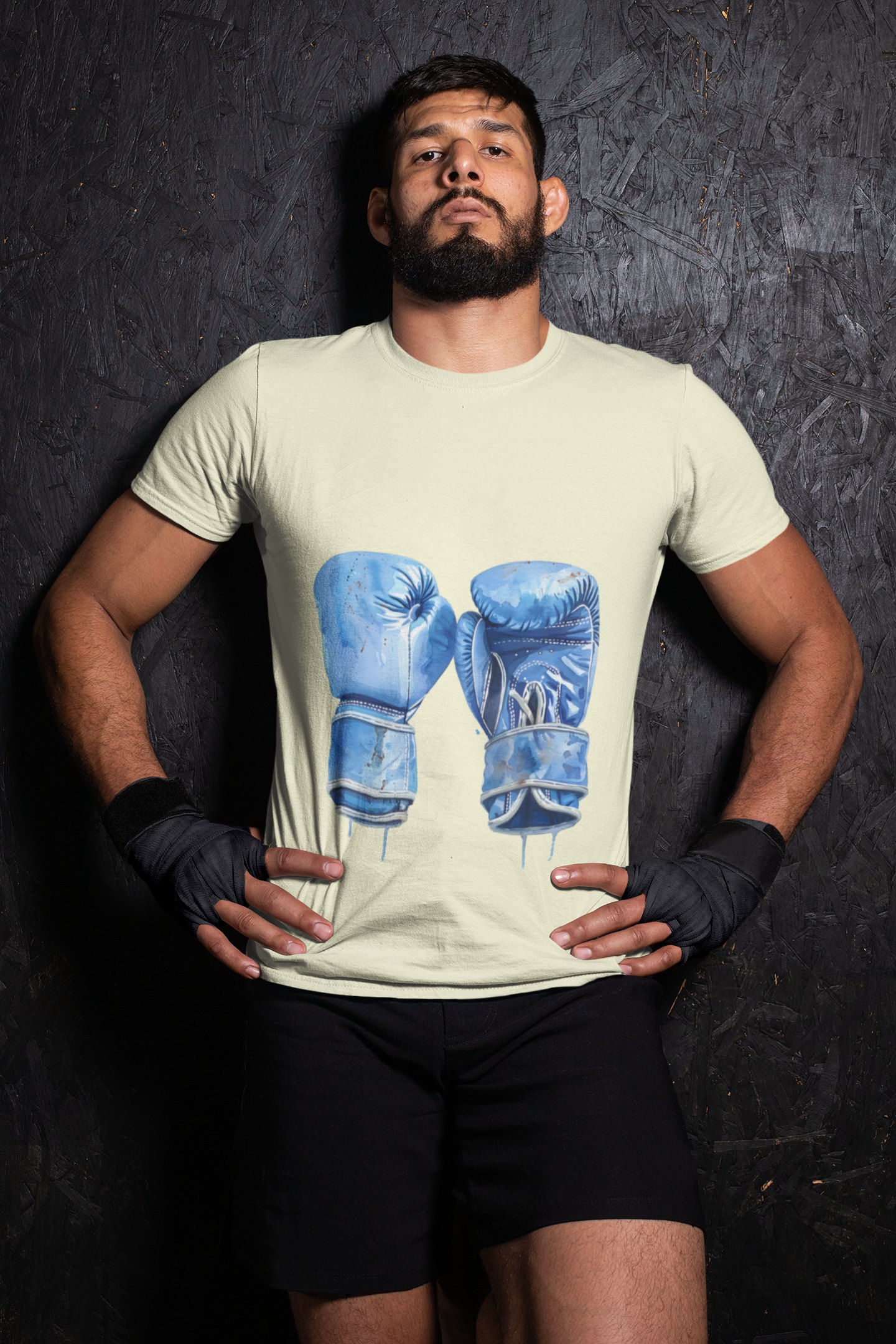 Blue Boxing Gloves Crossed X boxing t-shirt in cream, wrestler shot