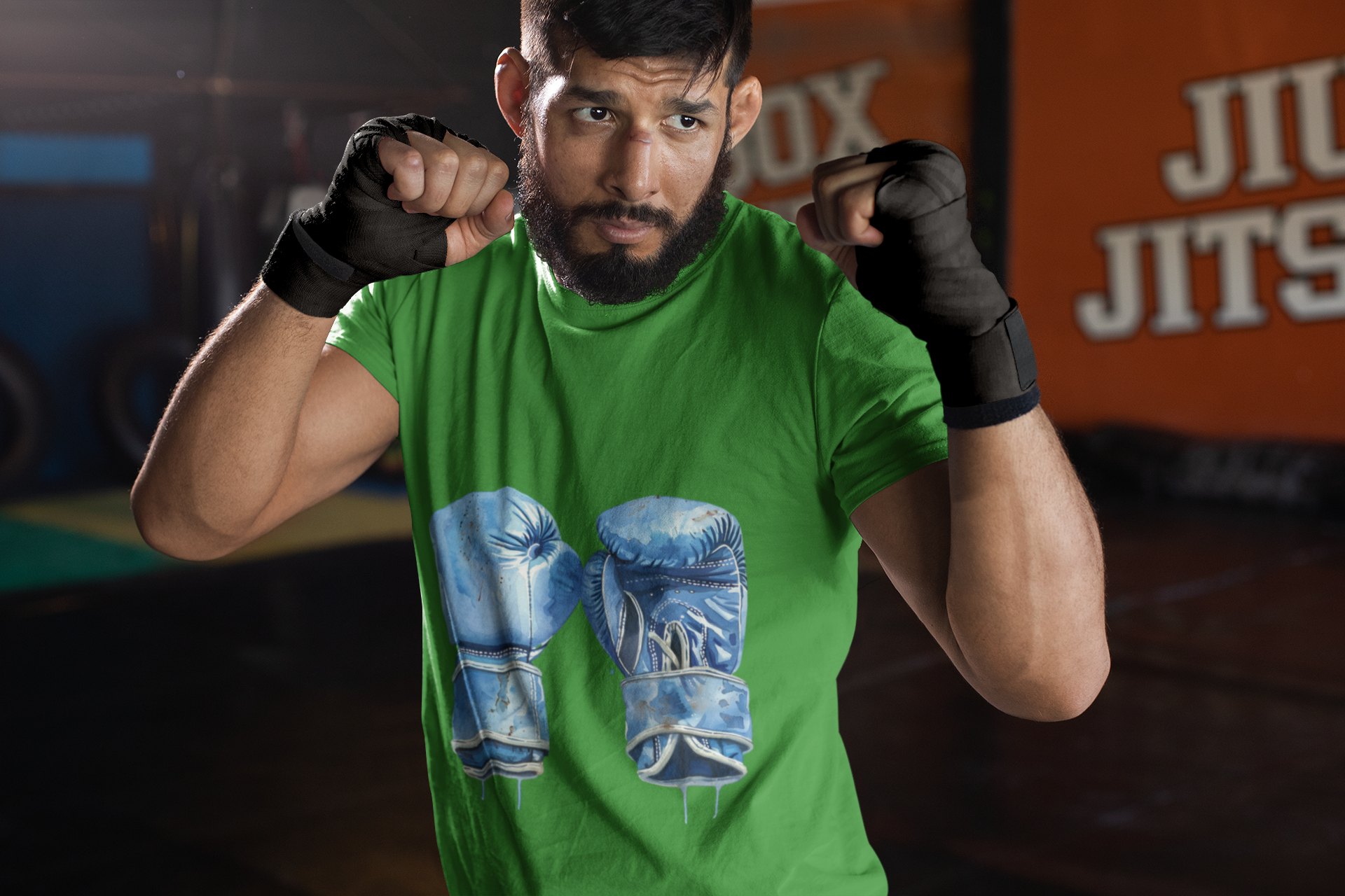 Blue Boxing Gloves Crossed X boxing t-shirt in forest green, sparring shot