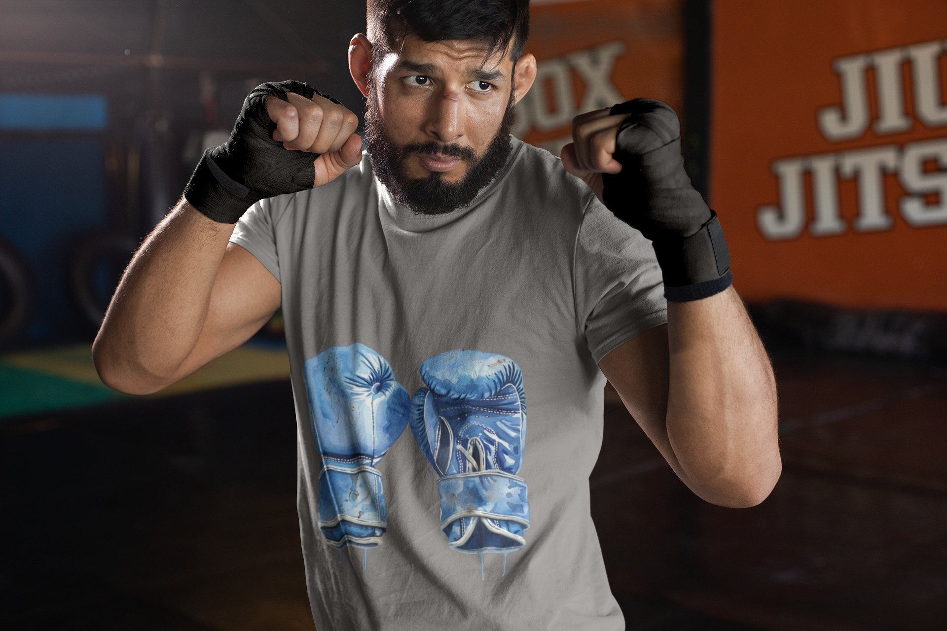 Blue Boxing Gloves Crossed X boxing t-shirt in grey, sparring shot