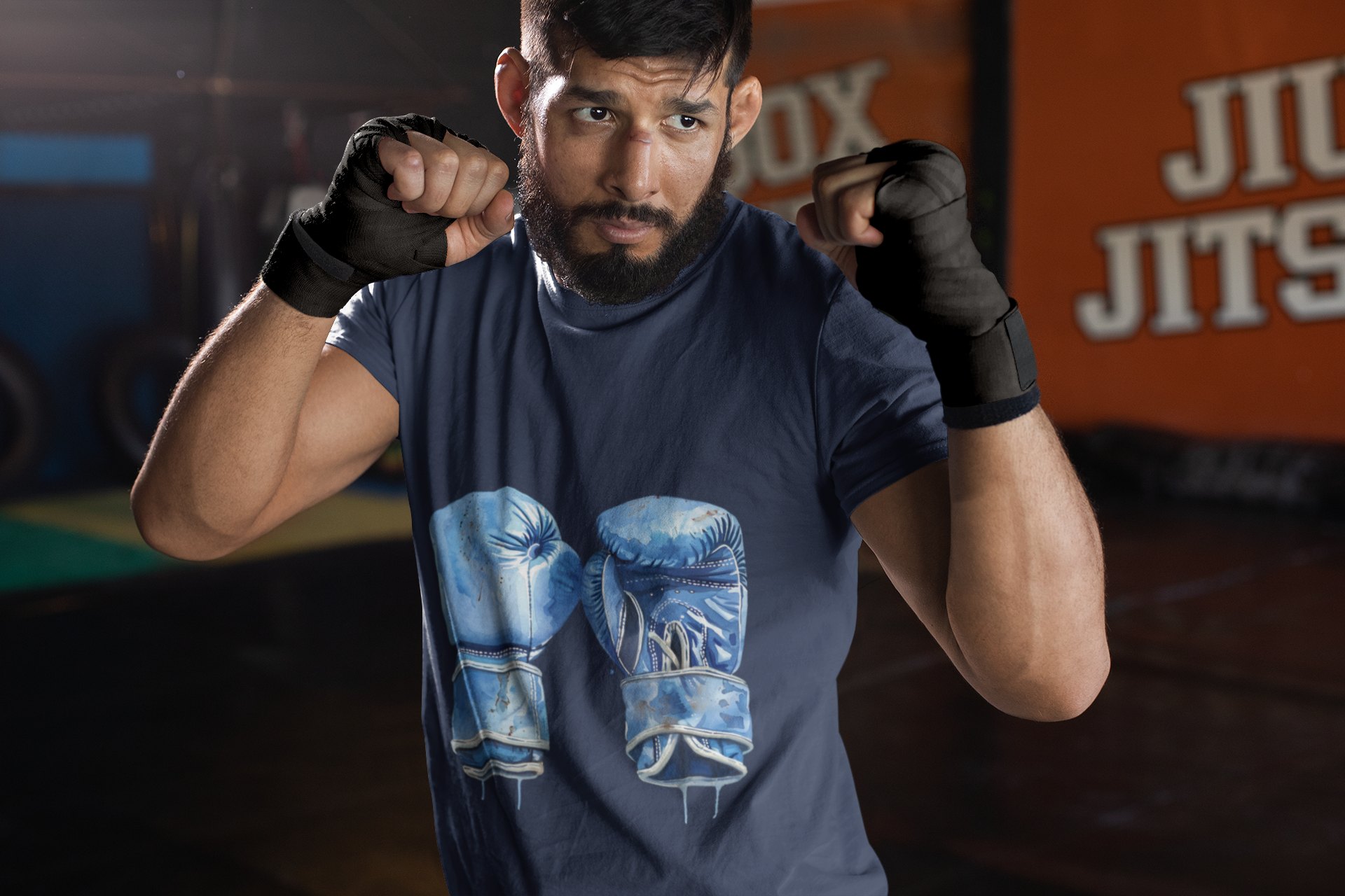 Blue Boxing Gloves Crossed X boxing t-shirt in navy, sparring shot