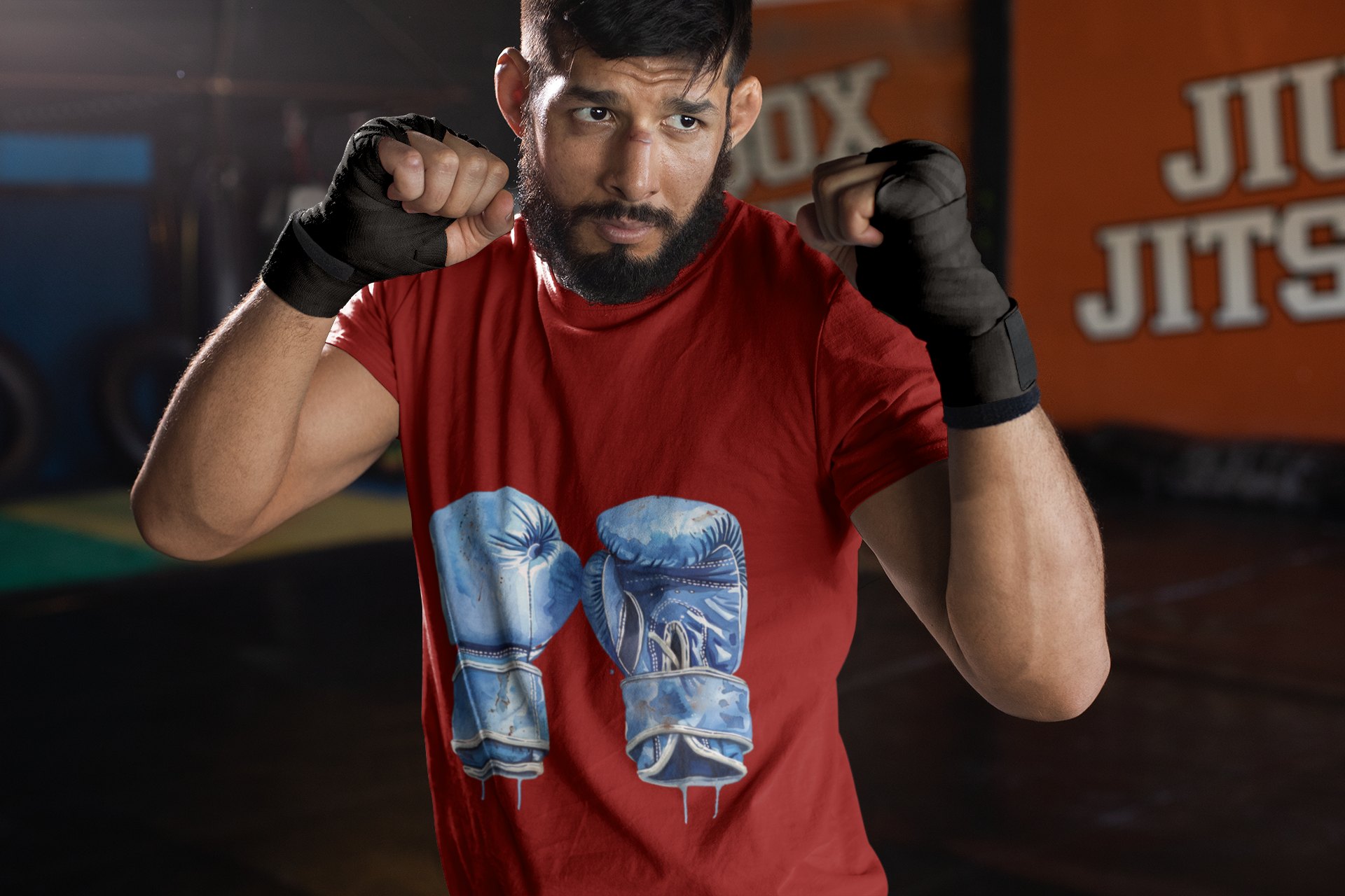 Blue Boxing Gloves Crossed X boxing t-shirt in red, sparring shot