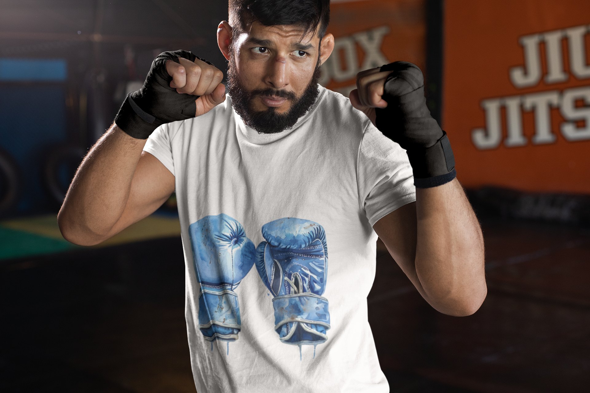Blue Boxing Gloves Crossed X boxing t-shirt in white, sparring shot