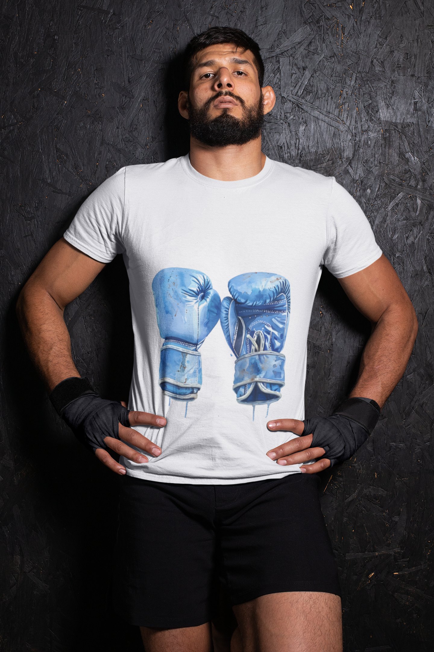 Blue Boxing Gloves Crossed X boxing t-shirt in white, wrestler shot