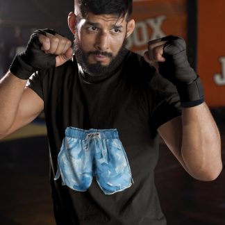 Blue Boxing Shorts White Trim boxing t-shirt in black, sparring shot