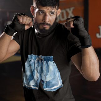 Blue Boxing Shorts Denim boxing t-shirt in black, sparring shot