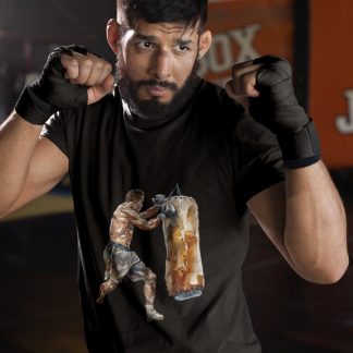 Boxer Punching Heavy Bag Orange boxing t-shirt in black, sparring shot