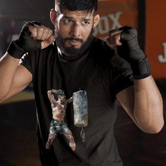 Boxer Hugging Heavy Bag Training boxing t-shirt in black, sparring shot