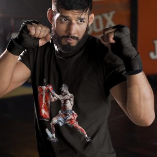 Boxer Throwing Right Hook Red Shorts boxing t-shirt in black, sparring shot