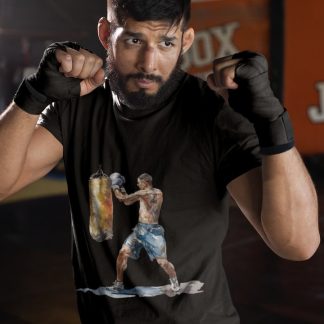 Boxer Punching Bag Blue Shorts boxing t-shirt in black, sparring shot