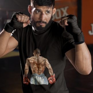 Boxer Back View Red Gloves Muscular boxing t-shirt in black, sparring shot