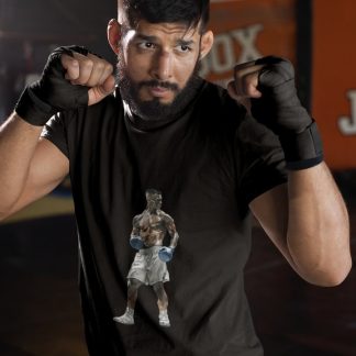 Fighter Blue Gloves White Shorts boxing t-shirt in black, sparring shot