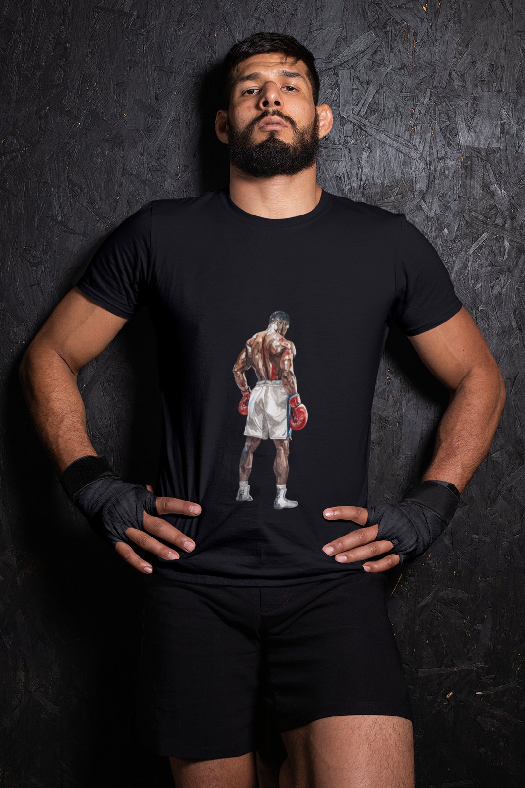 Boxer Red Gloves Defensive Stance boxing t-shirt in black, wrestler shot