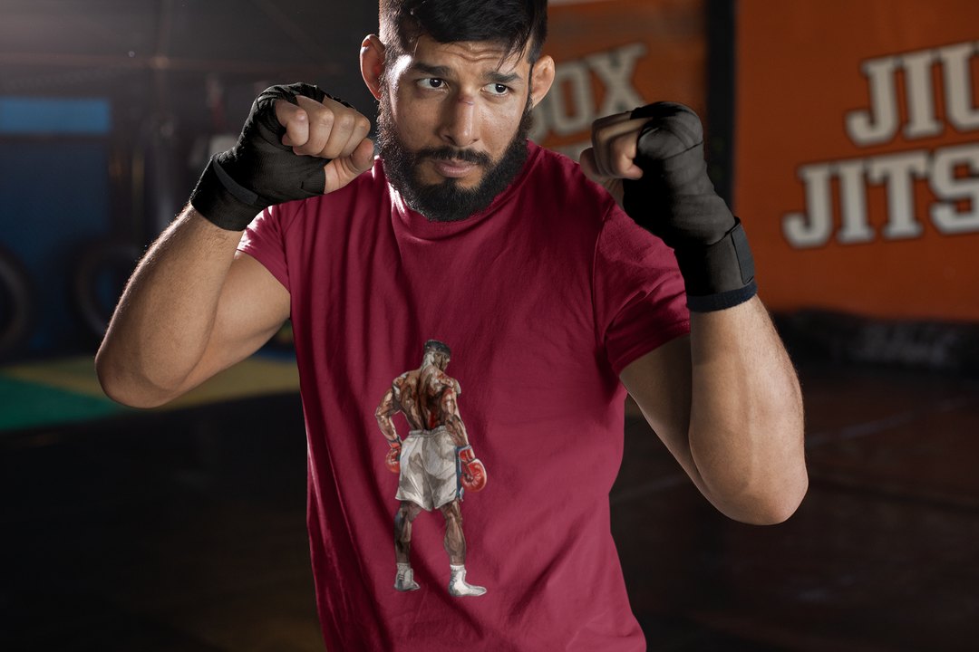 Boxer Red Gloves Defensive Stance boxing t-shirt in burgundy, sparring shot