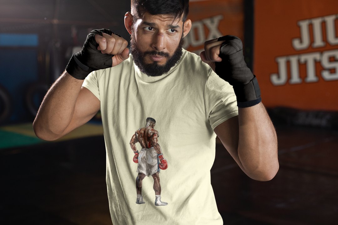 Boxer Red Gloves Defensive Stance boxing t-shirt in cream, sparring shot