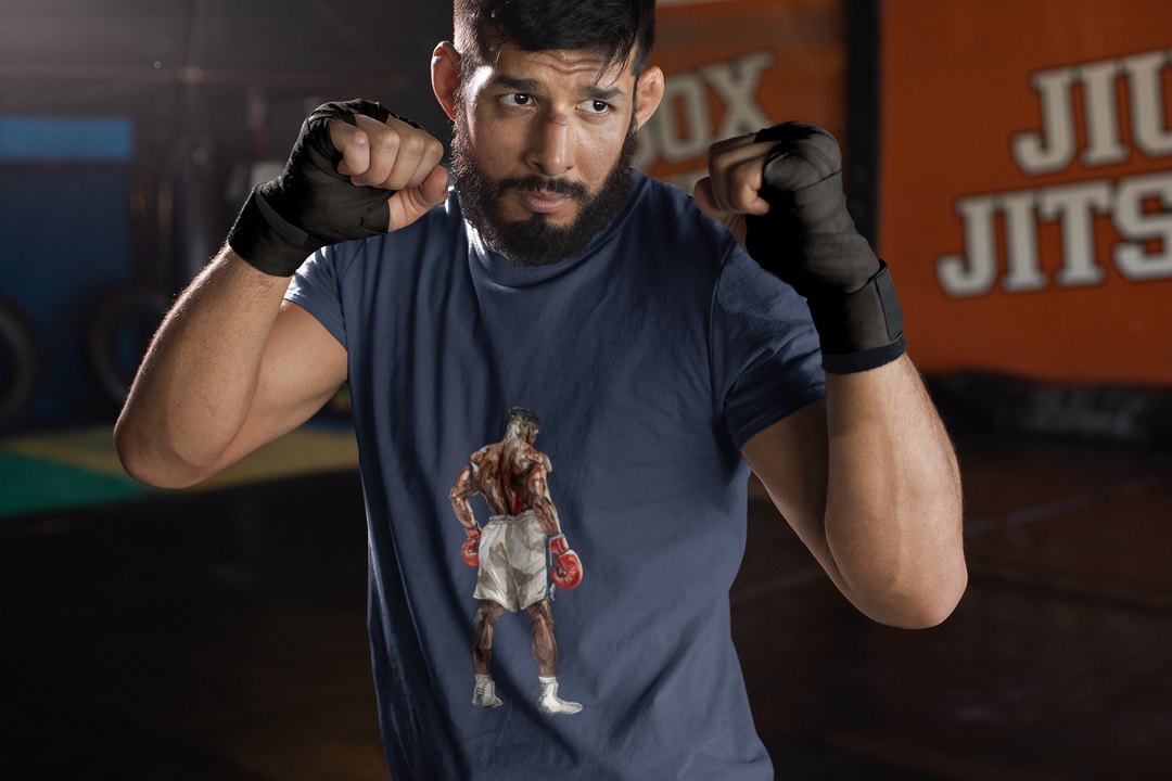 Boxer Red Gloves Defensive Stance boxing t-shirt in navy, sparring shot