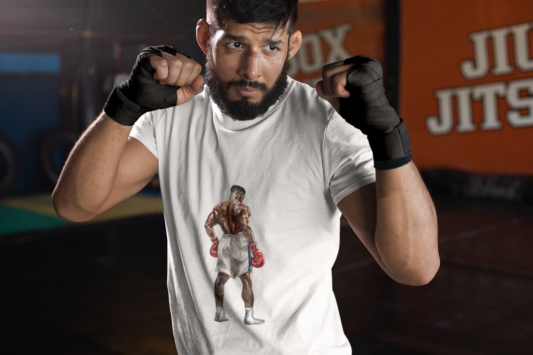 Boxer Red Gloves Defensive Stance boxing t-shirt in white, sparring shot