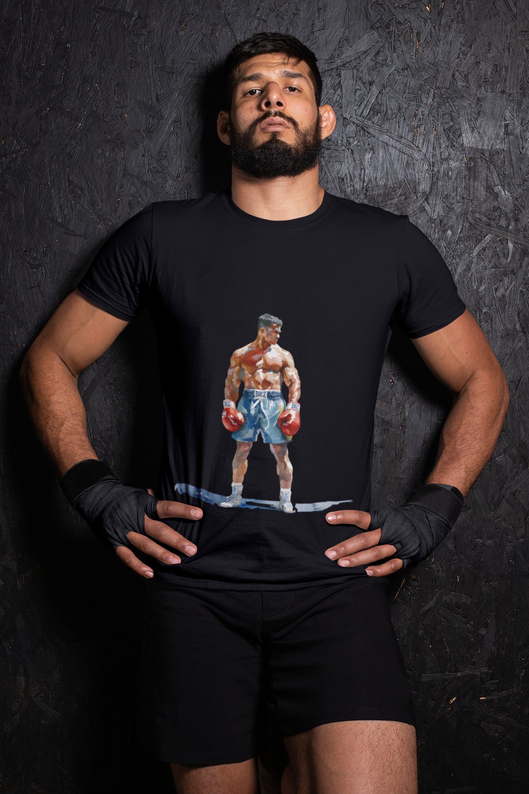 Boxer Blue Shorts Guard Up boxing t-shirt in black, wrestler shot