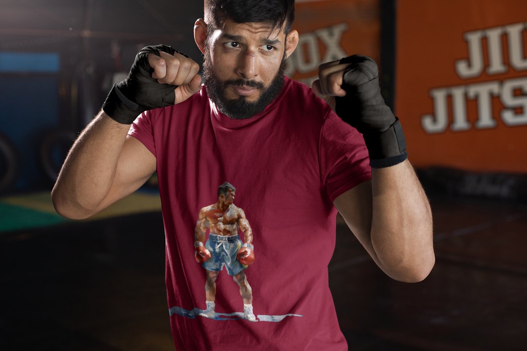 Boxer Blue Shorts Guard Up boxing t-shirt in burgundy, sparring shot