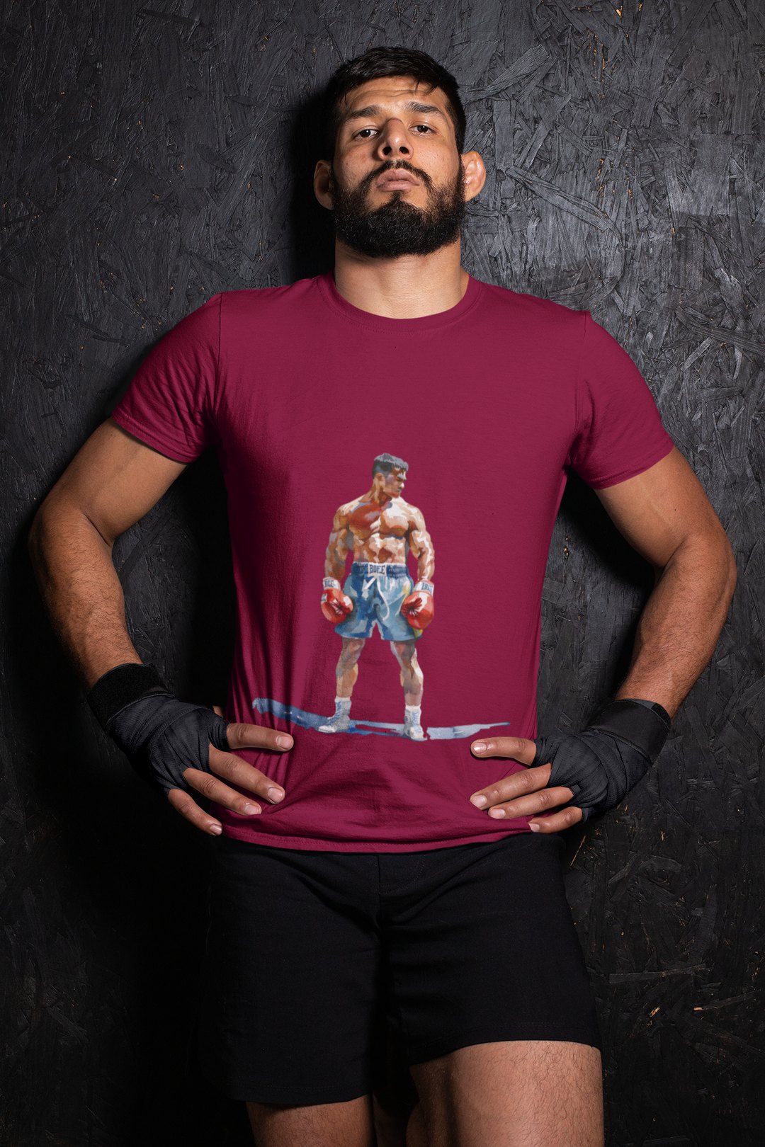 Boxer Blue Shorts Guard Up boxing t-shirt in burgundy, wrestler shot