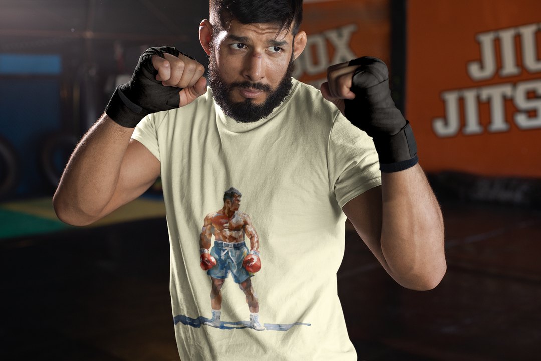 Boxer Blue Shorts Guard Up boxing t-shirt in cream, sparring shot