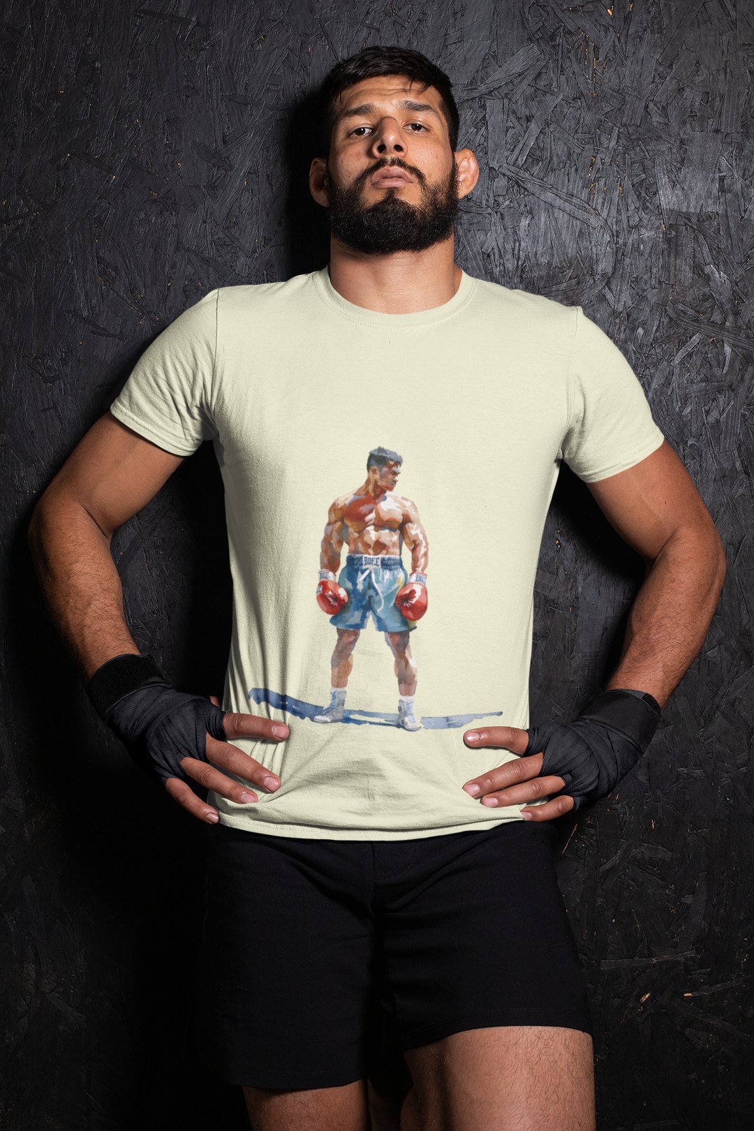 Boxer Blue Shorts Guard Up boxing t-shirt in cream, wrestler shot