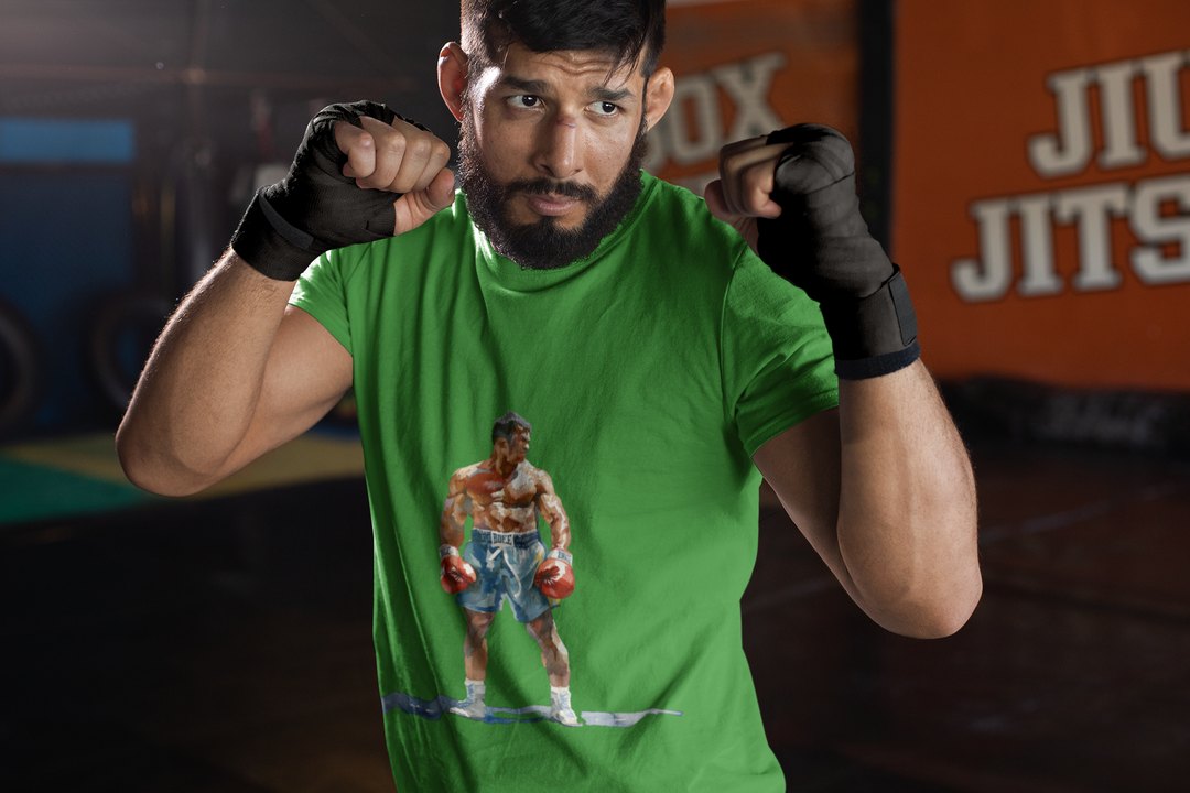 Boxer Blue Shorts Guard Up boxing t-shirt in forest green, sparring shot