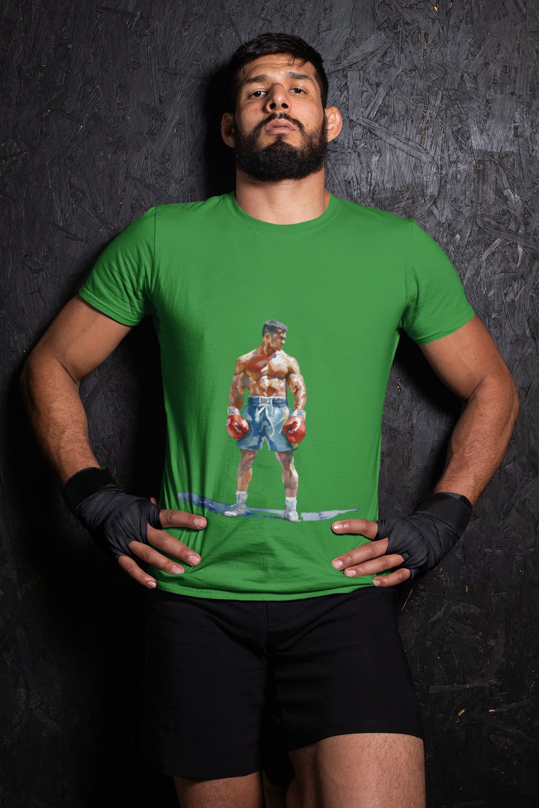 Boxer Blue Shorts Guard Up boxing t-shirt in forest green, wrestler shot