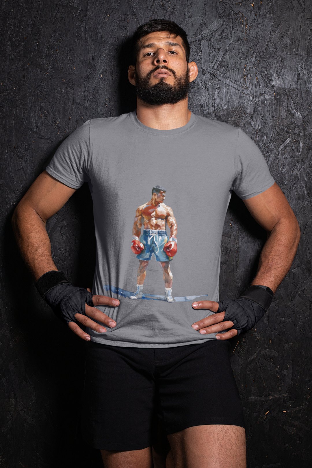 Boxer Blue Shorts Guard Up boxing t-shirt in grey, wrestler shot