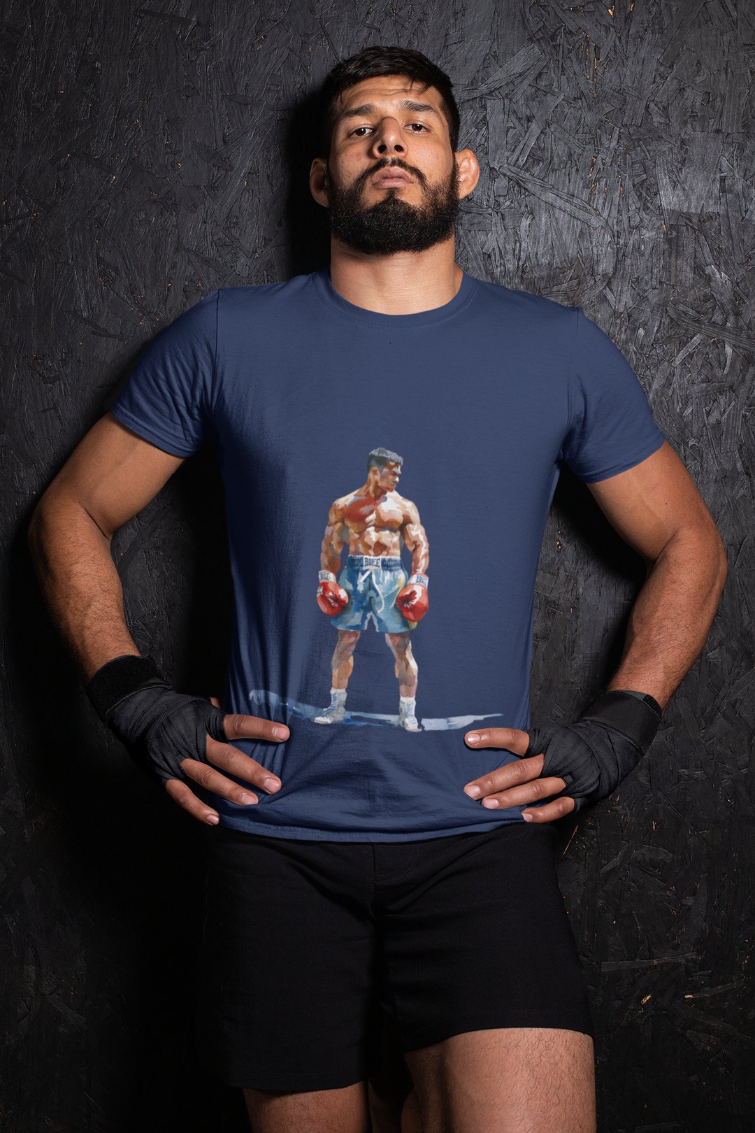 Boxer Blue Shorts Guard Up boxing t-shirt in navy, wrestler shot
