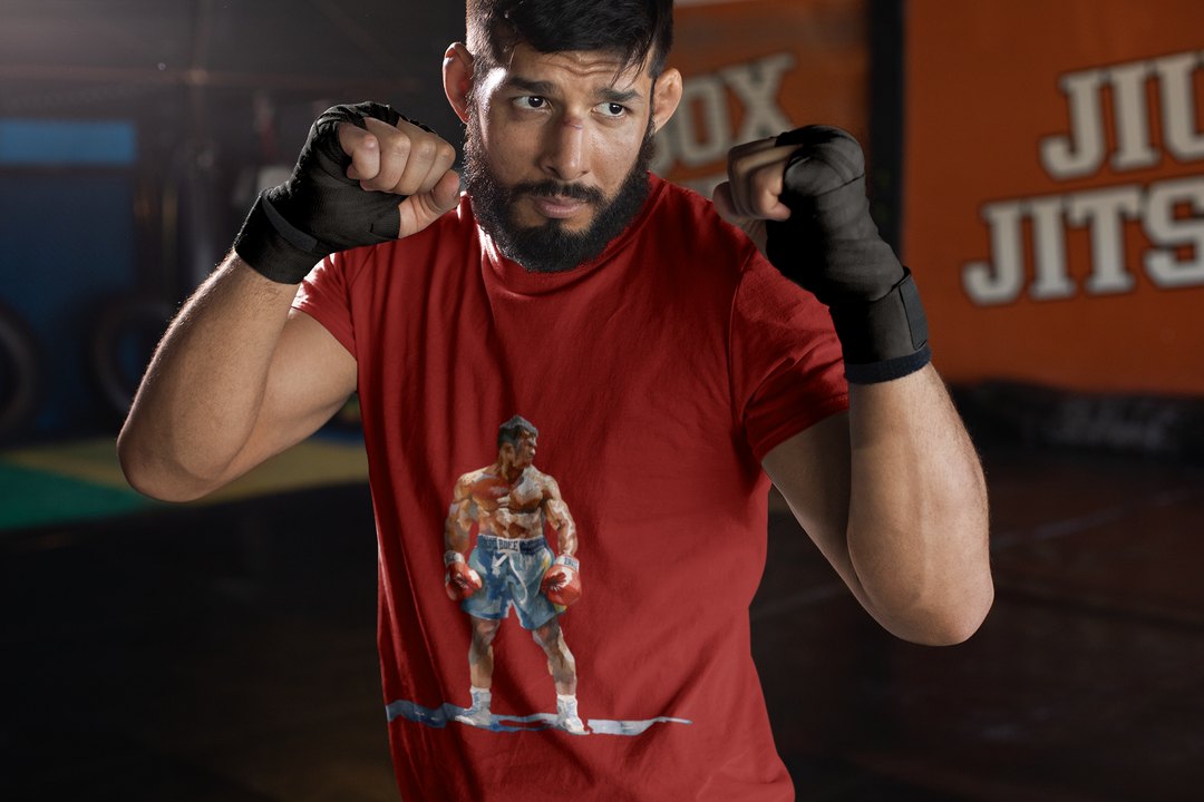 Boxer Blue Shorts Guard Up boxing t-shirt in red, sparring shot